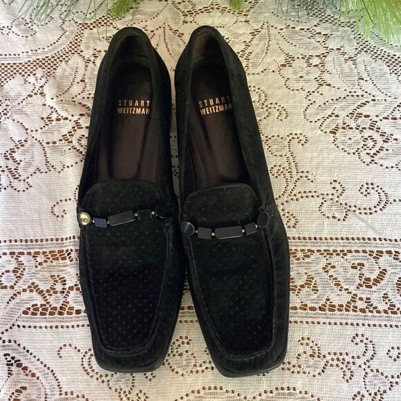 Stuart Weitzman Shoes - Stuart Weitzman Vintage 90’s Black Perforated Suede Charm Loafers Detail Sz 8.5